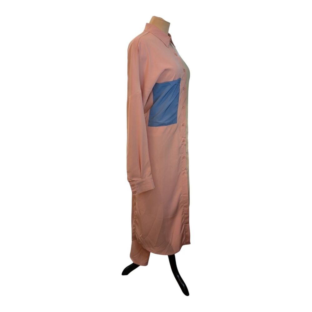 Boho Color Block Shirt Dress Maxi Asymmetric Patchwork Pastel Pink Beige Medium - Picture 3 of 9